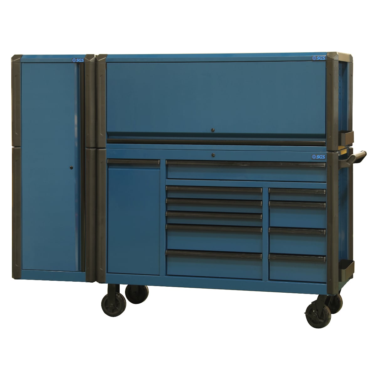 SGS 59in Roller Cabinet with Top Hutch and Side Cabinet- 11 Drawers- Blue